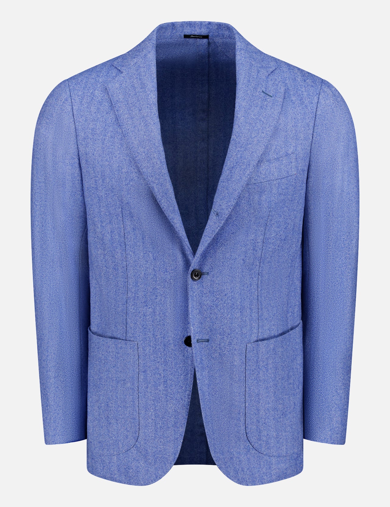 The SARTORIO Tonal Herringbone Sportcoat features a light blue wool-silk blend, textured finish, notched lapel, two-button front, patch pockets, and a chest pocket, shown against a plain white background.