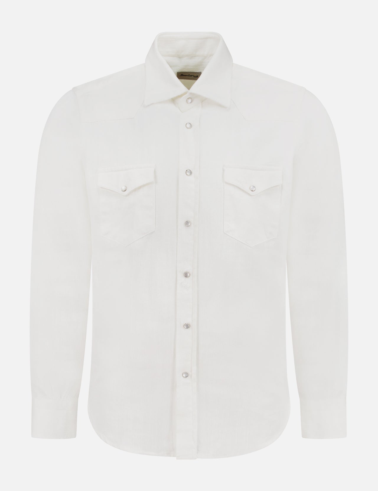 The SARTORIO Distressed Western Shirt is a white, long-sleeved button-down with two chest pockets featuring snap closures and flap details, shown against a plain white background for a subtle vintage look.