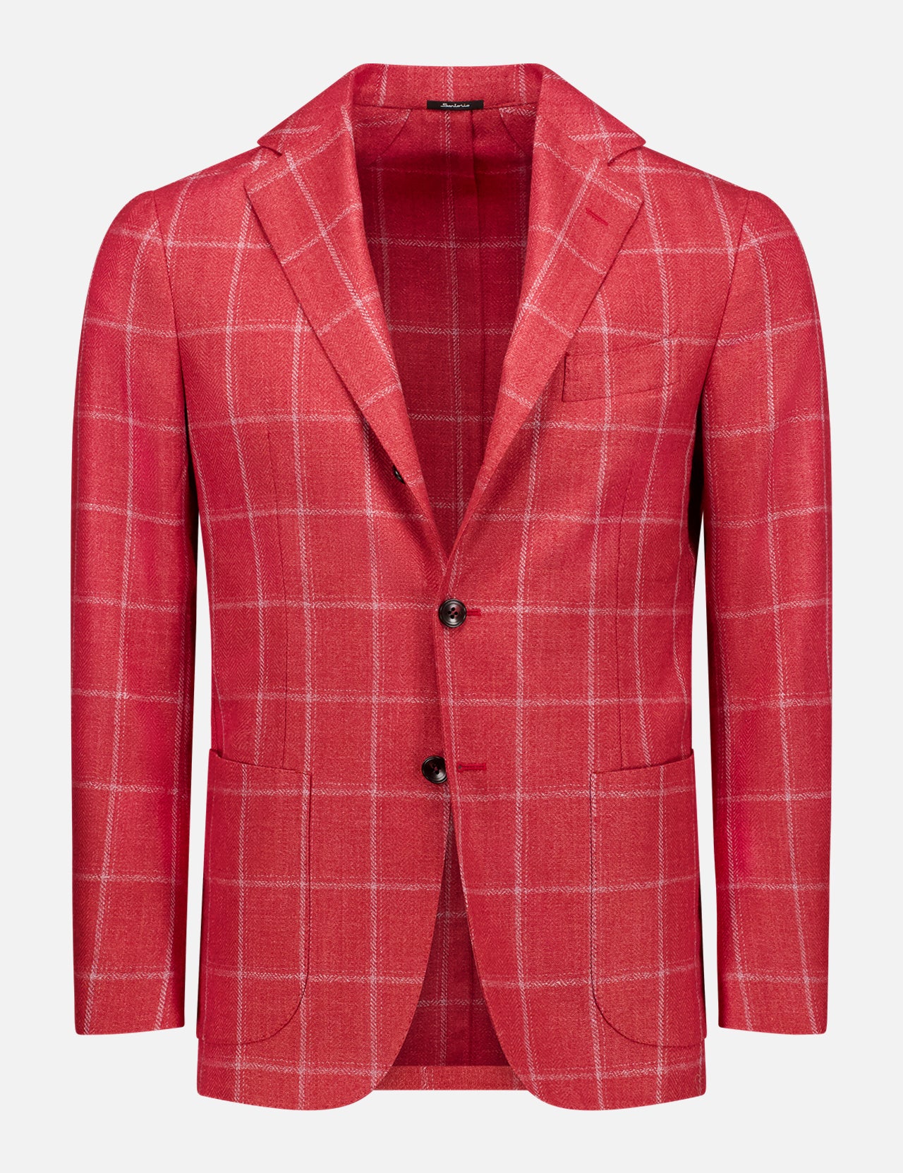 The SARTORIO Window Pane Sportcoat is a red plaid jacket with a notched lapel, two black buttons, and front patch pockets, featuring an elegant windowpane print shown on a white background.