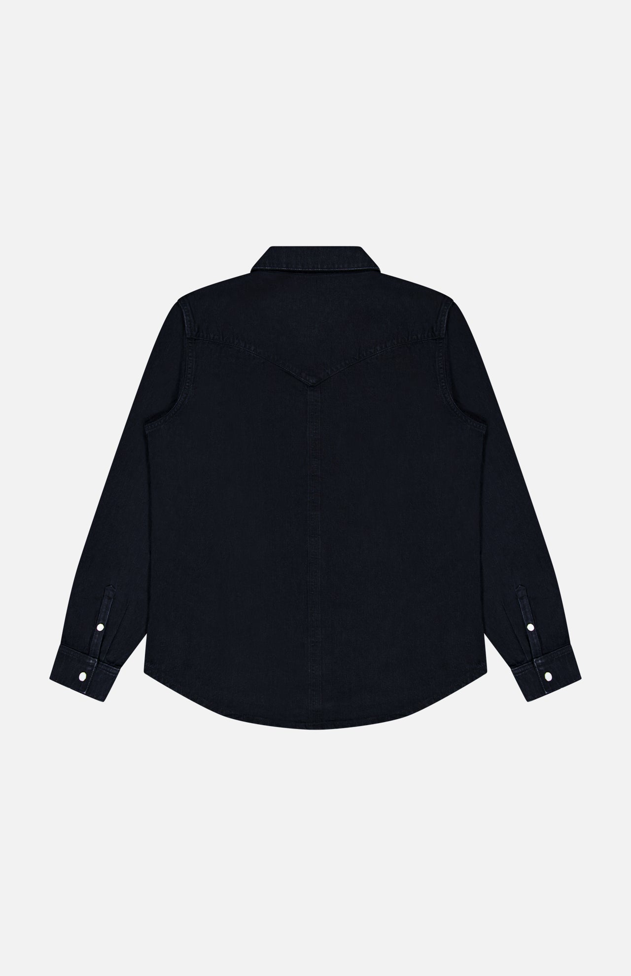 The Allen Denim Shirt by SAVAS is a black, long-sleeve button-up shirt crafted from Japanese selvedge denim. Featured here laid flat on a plain white background, it is shown from the back to highlight its pointed yoke detail and buttoned cuffs. Expertly made in Los Angeles, this shirt exemplifies quality construction and timeless style.