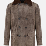 The SAVAS Condor Calf Suede Shearling Collar Peacoat, crafted in Italy from rich brown suede, features a double-breasted front with black buttons, two side pockets, two flap pockets, and a removable dark brown shearling collar. Shown against a plain white background.
