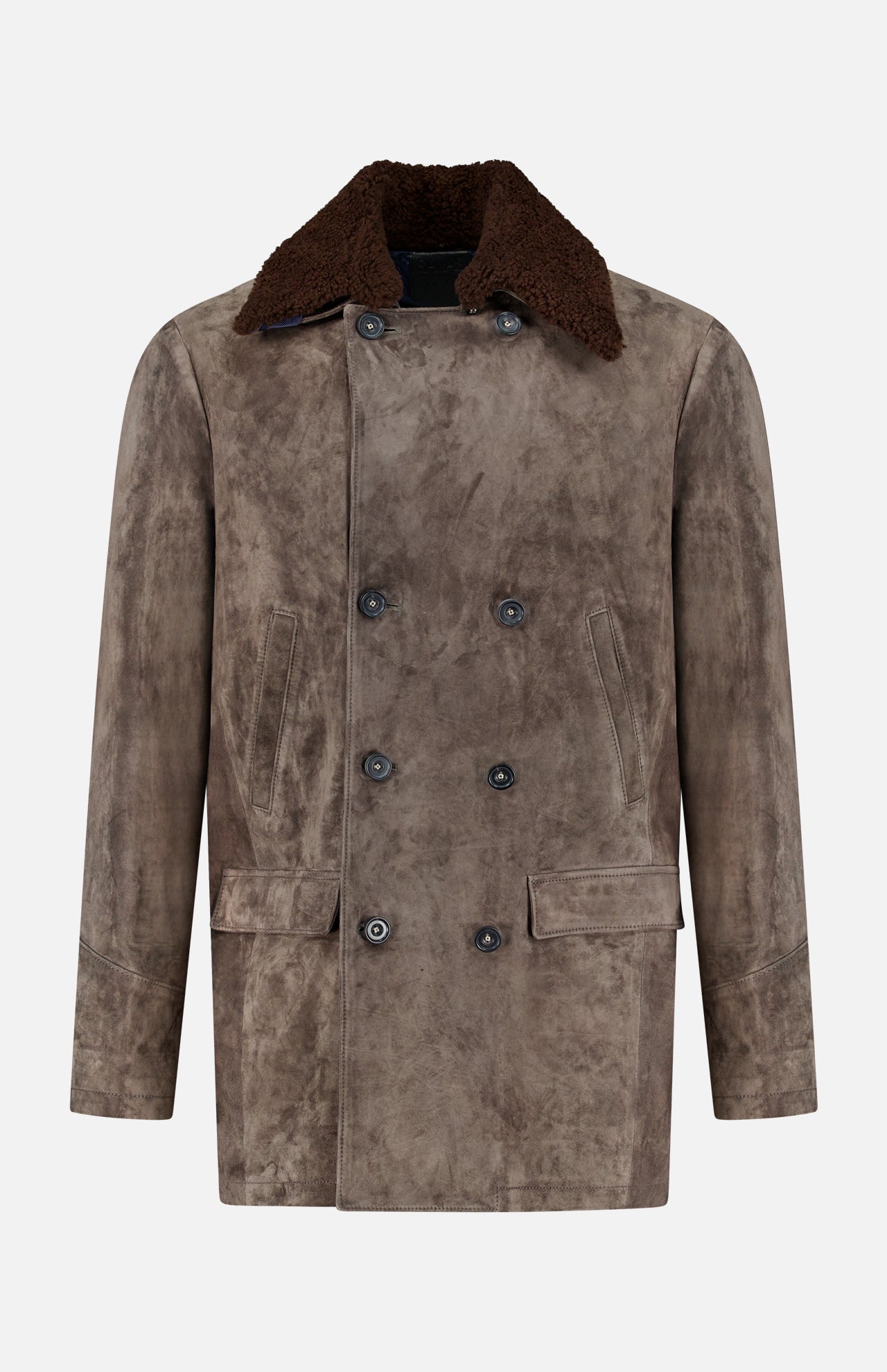 The SAVAS Condor Calf Suede Shearling Collar Peacoat, crafted in Italy from rich brown suede, features a double-breasted front with black buttons, two side pockets, two flap pockets, and a removable dark brown shearling collar. Shown against a plain white background.