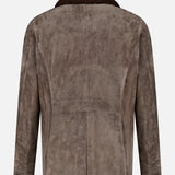 Back view of the SAVAS Condor Calf Suede Shearling Collar Peacoat in brown, featuring wide sleeves and a removable shearling collar, displayed on a plain white background.