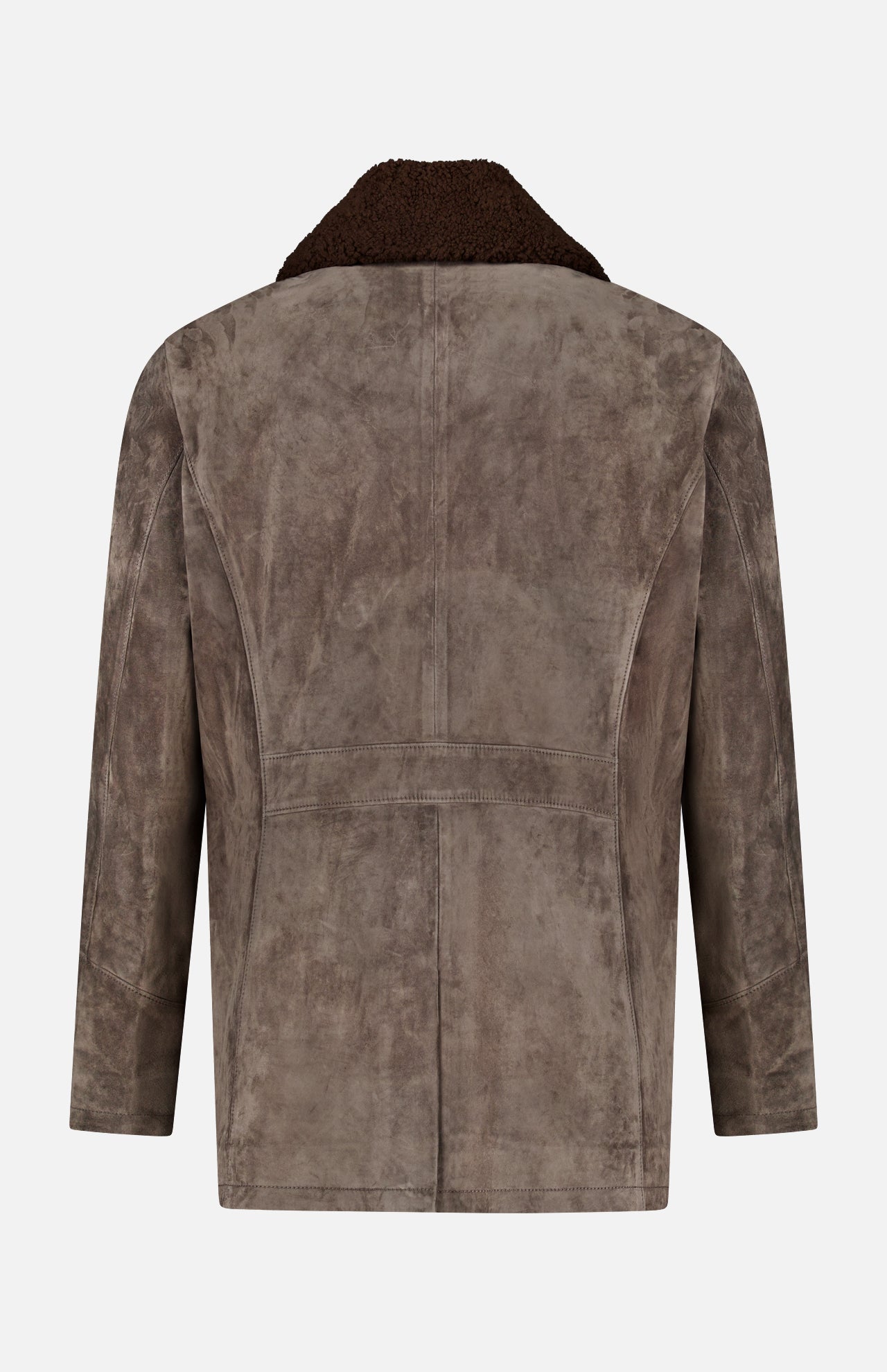 Back view of the SAVAS Condor Calf Suede Shearling Collar Peacoat in brown, featuring wide sleeves and a removable shearling collar, displayed on a plain white background.