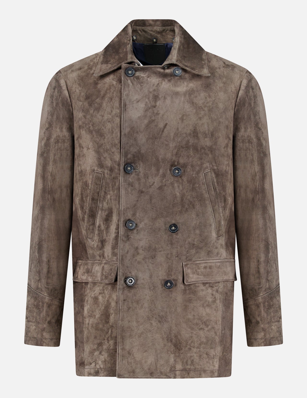 The SAVAS Condor Calf Suede Shearling Collar Peacoat is a brown suede double-breasted men’s coat with a wide collar, button closure, two side flap pockets, and two slanted chest pockets. It features a luxurious removable shearling collar and is displayed on a plain white background.