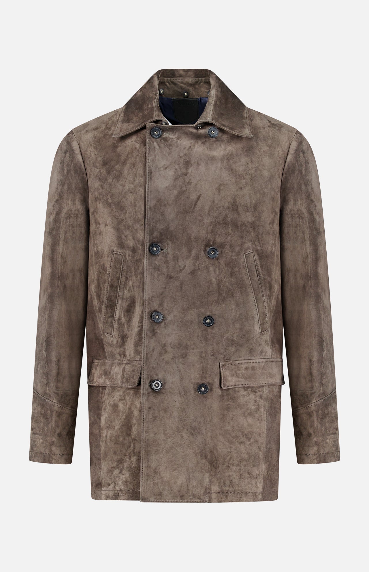 The SAVAS Condor Calf Suede Shearling Collar Peacoat is a brown suede double-breasted men’s coat with a wide collar, button closure, two side flap pockets, and two slanted chest pockets. It features a luxurious removable shearling collar and is displayed on a plain white background.