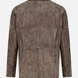 The SAVAS Condor Calf Suede Shearling Collar Peacoat is displayed from the back against a plain white background, highlighting its long sleeves, straight hem, visible seams, and notched collar with a removable shearling accent.