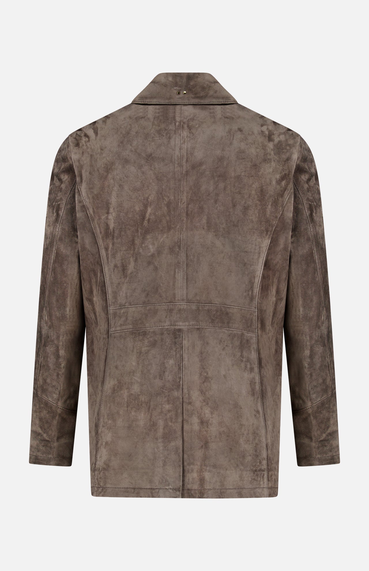 The SAVAS Condor Calf Suede Shearling Collar Peacoat is displayed from the back against a plain white background, highlighting its long sleeves, straight hem, visible seams, and notched collar with a removable shearling accent.