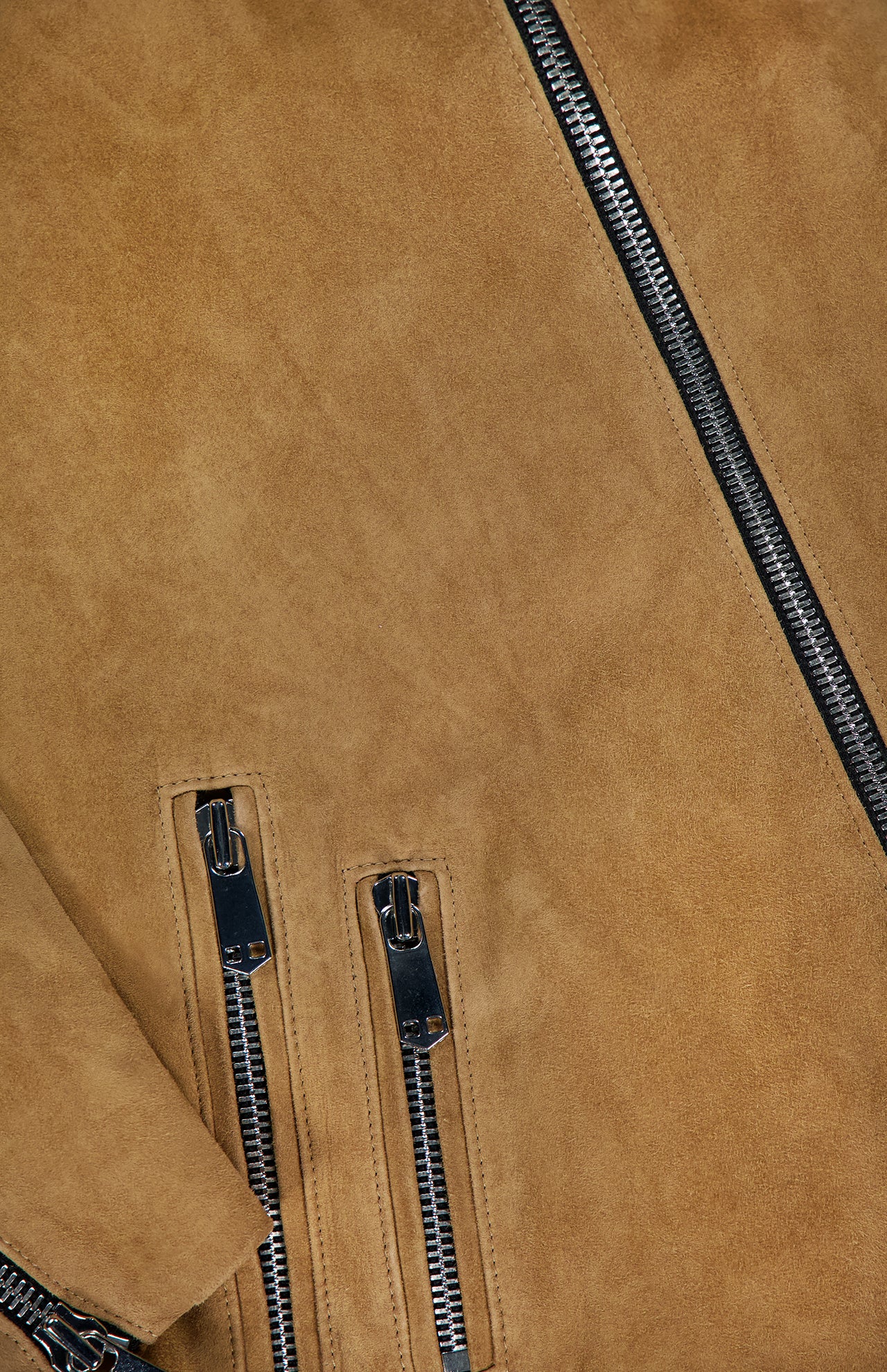 Close-up of the SAVAS Legend Calf Suede Jacket in tan, slim fit with three vertical black zippers and visible stitching, showcasing the textured suede and detailed craftsmanship.