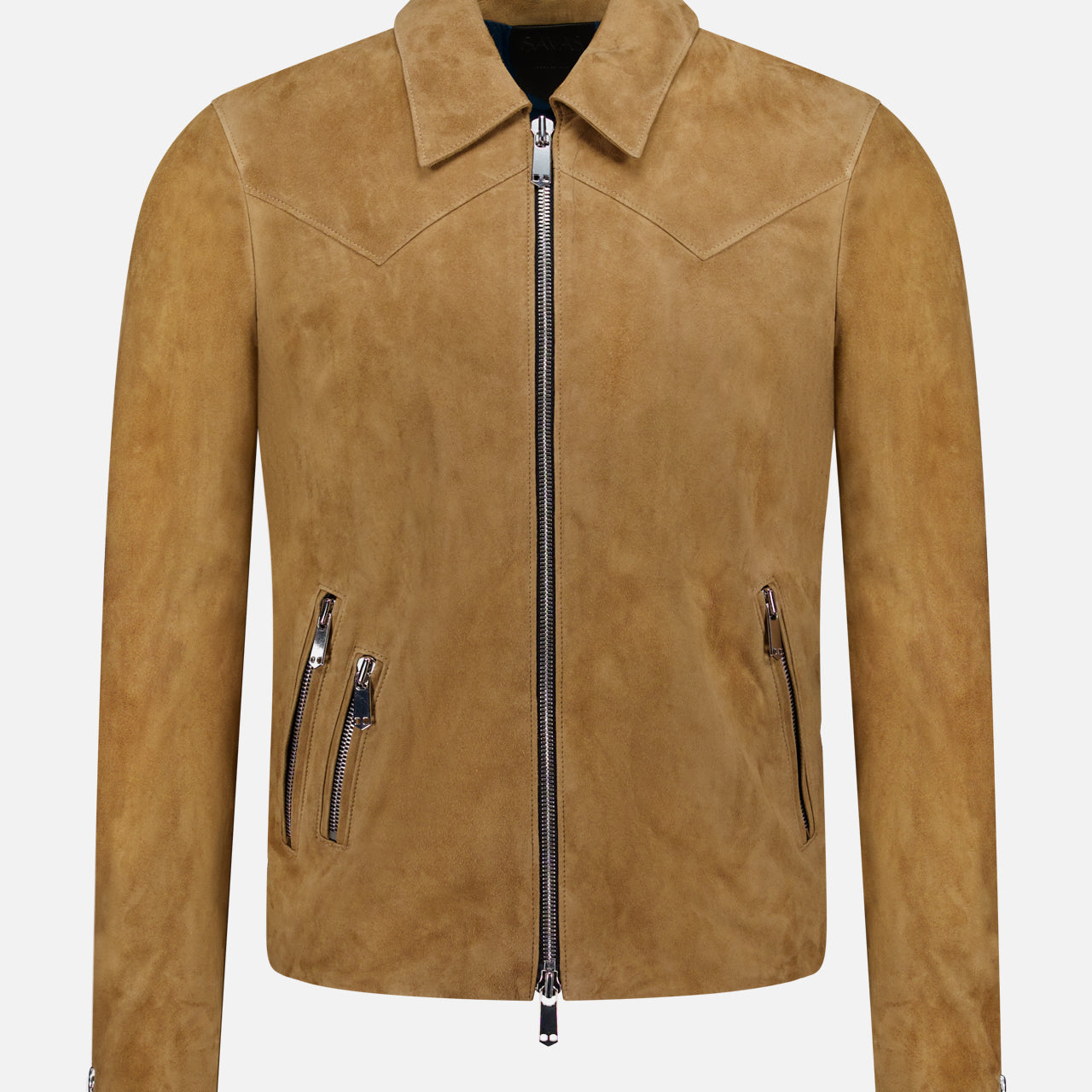 The SAVAS Legend Calf Suede Jacket is a tan slim fit design featuring a pointed collar, front zipper closure, two angled zippered pockets per side, subtle chest seam details, and zippered cuffs for a sleek, minimalist look.