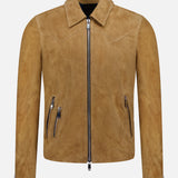 The SAVAS Legend Calf Suede Jacket is a tan slim fit design featuring a pointed collar, front zipper closure, two angled zippered pockets per side, subtle chest seam details, and zippered cuffs for a sleek, minimalist look.