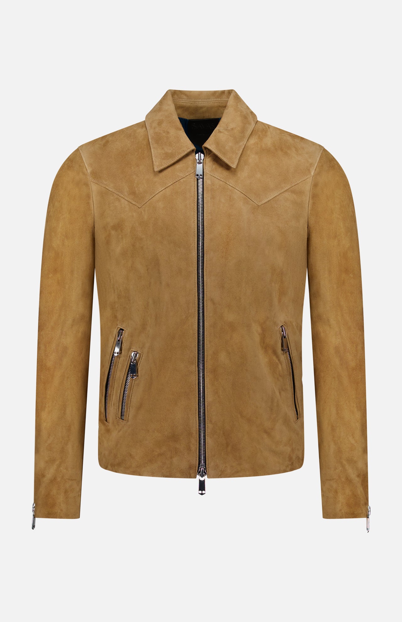 The SAVAS Legend Calf Suede Jacket is a tan slim fit design featuring a pointed collar, front zipper closure, two angled zippered pockets per side, subtle chest seam details, and zippered cuffs for a sleek, minimalist look.