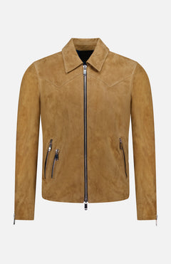 The SAVAS Legend Calf Suede Jacket is a tan slim fit design featuring a pointed collar, front zipper closure, two angled zippered pockets per side, subtle chest seam details, and zippered cuffs for a sleek, minimalist look.