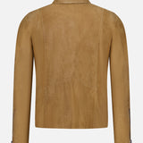 The SAVAS Legend Calf Suede Jacket is shown from the back in brown with a slim fit, classic collar, seam detailing, and zippered cuffs. This minimalist men's western jacket features no visible branding or embellishments.