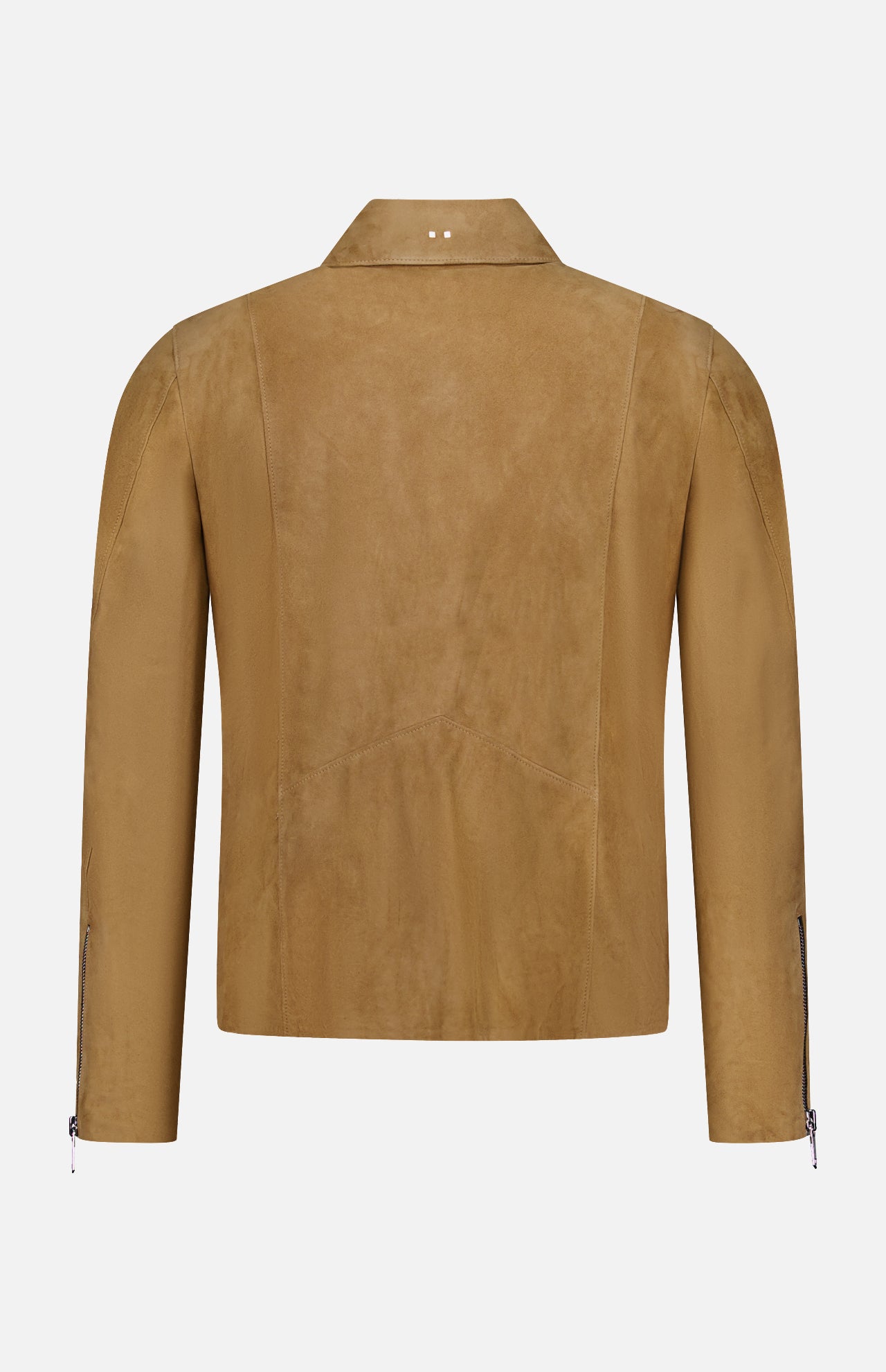 The SAVAS Legend Calf Suede Jacket is shown from the back in brown with a slim fit, classic collar, seam detailing, and zippered cuffs. This minimalist men's western jacket features no visible branding or embellishments.
