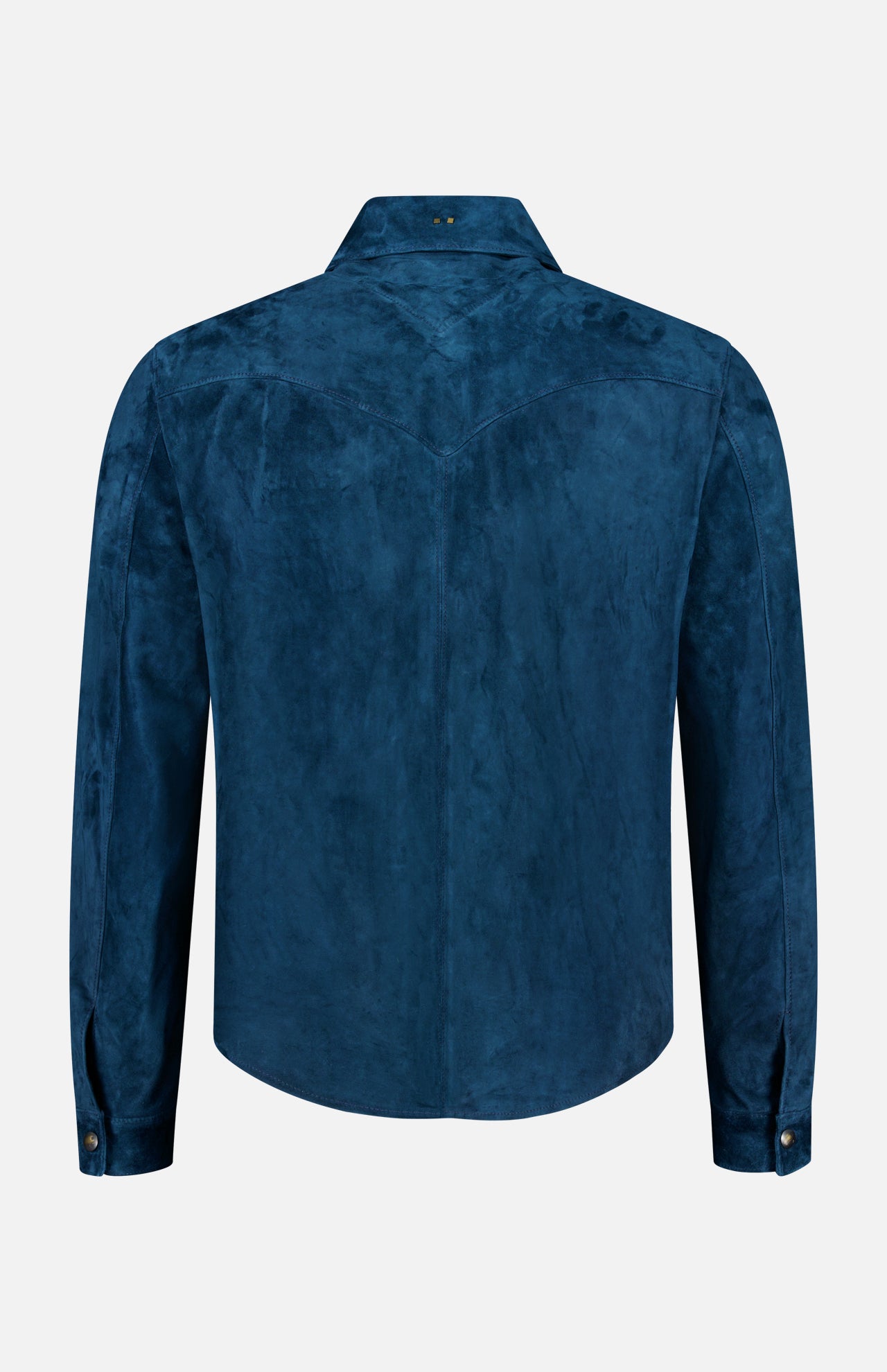 A back view of the SAVAS Lowry Calf Suede Overshirt in deep blue, featuring long sleeves, a pointed collar, buttoned cuffs, and yoke detailing at the shoulders for a classic western-inspired look, displayed against a plain white background.