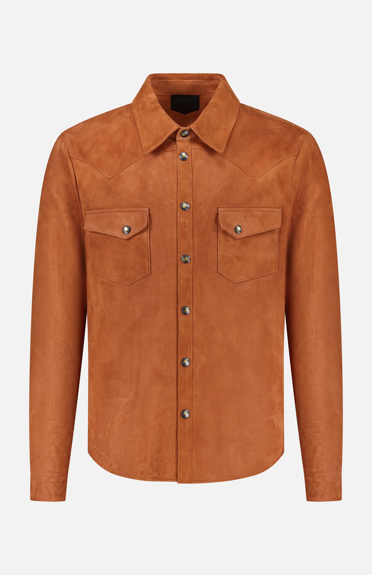 The SAVAS Lowry Lamb Suede Overshirt, crafted in Italy, features a classic collar, long sleeves, and two chest pockets with flap closures and metallic buttons. Inspired by the iconic terracotta western shirt style, this tan overshirt is showcased against a plain white background.
