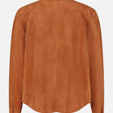 The SAVAS Lowry Lamb Suede Overshirt, expertly crafted in Italy, is shown from the back in brown suede. This terracotta western-style piece features a pointed yoke, long sleeves with buttoned cuffs, and a curved hem for timeless appeal.