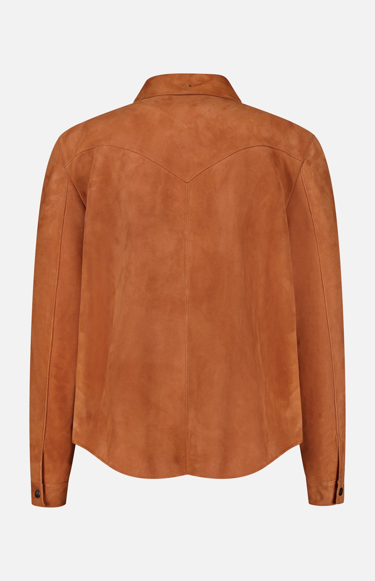 The SAVAS Lowry Lamb Suede Overshirt, expertly crafted in Italy, is shown from the back in brown suede. This terracotta western-style piece features a pointed yoke, long sleeves with buttoned cuffs, and a curved hem for timeless appeal.