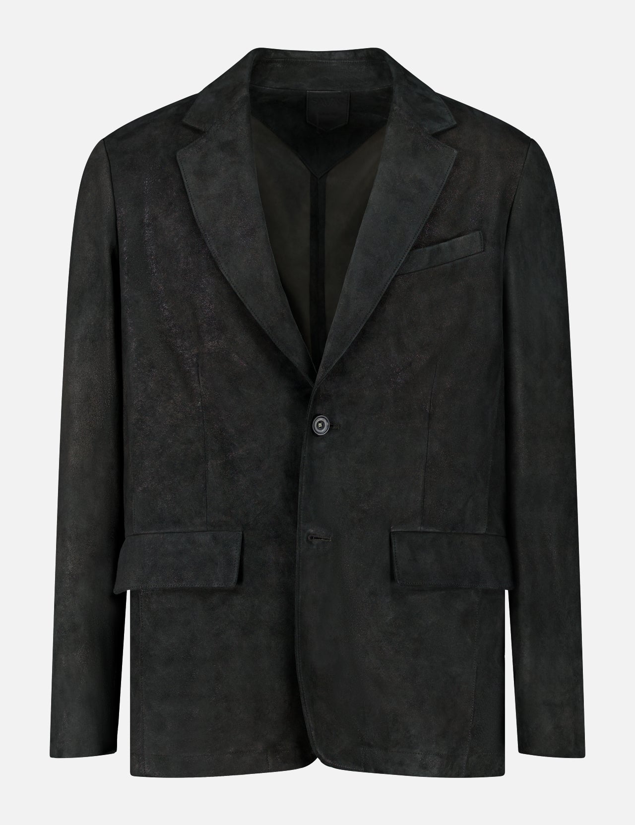 The Owens Lamb Leather Blazer by SAVAS, shown against a plain white background, features notched lapels, two buttons, flap pockets, and a breast pocket. Handcrafted in an artisanal style from black lamb leather.