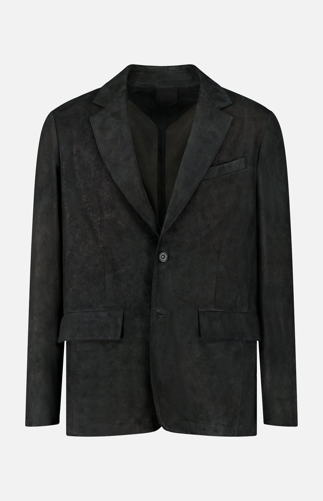 The Owens Lamb Leather Blazer by SAVAS, shown against a plain white background, features notched lapels, two buttons, flap pockets, and a breast pocket. Handcrafted in an artisanal style from black lamb leather.
