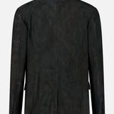 The Owens Lamb Leather Blazer by SAVAS, meticulously handcrafted in Italy from black lamb leather, is displayed from the back. This artisanal blazer showcases a single vent, notched lapels, and buttoned sleeves against a plain white background.