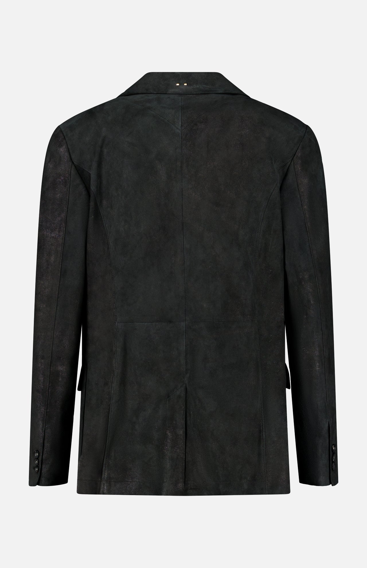 The Owens Lamb Leather Blazer by SAVAS, meticulously handcrafted in Italy from black lamb leather, is displayed from the back. This artisanal blazer showcases a single vent, notched lapels, and buttoned sleeves against a plain white background.