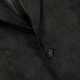 Close-up of the Owens Lamb Leather Blazer by SAVAS, highlighting two buttons, part of the collar, and the textured leather. The photo accentuates the smooth, matte finish and precise stitching details, capturing a handcrafted artisanal style reminiscent of luxury Italian craftsmanship.