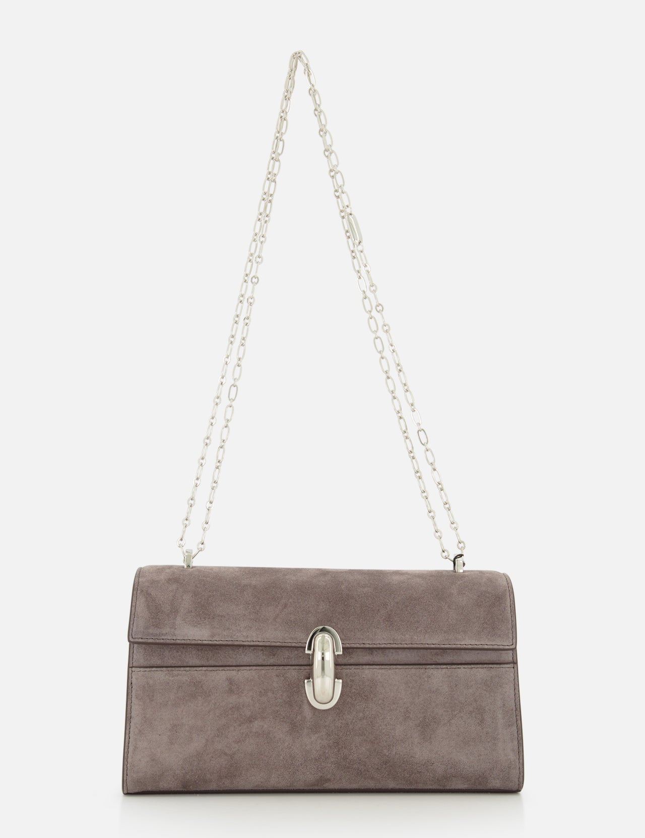 The Symmetry Chain Pouchette Bag by Savette features taupe suede, a silver chain strap, and an elegant turnlock closure on the front, displayed against a white background.