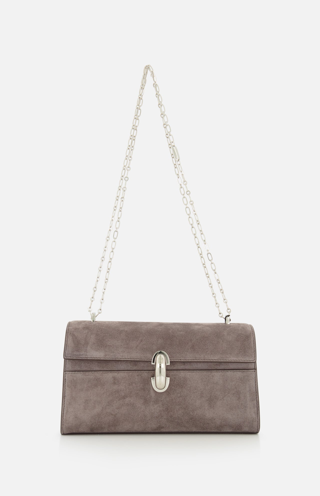The Symmetry Chain Pouchette Bag by Savette features taupe suede, a silver chain strap, and an elegant turnlock closure on the front, displayed against a white background.