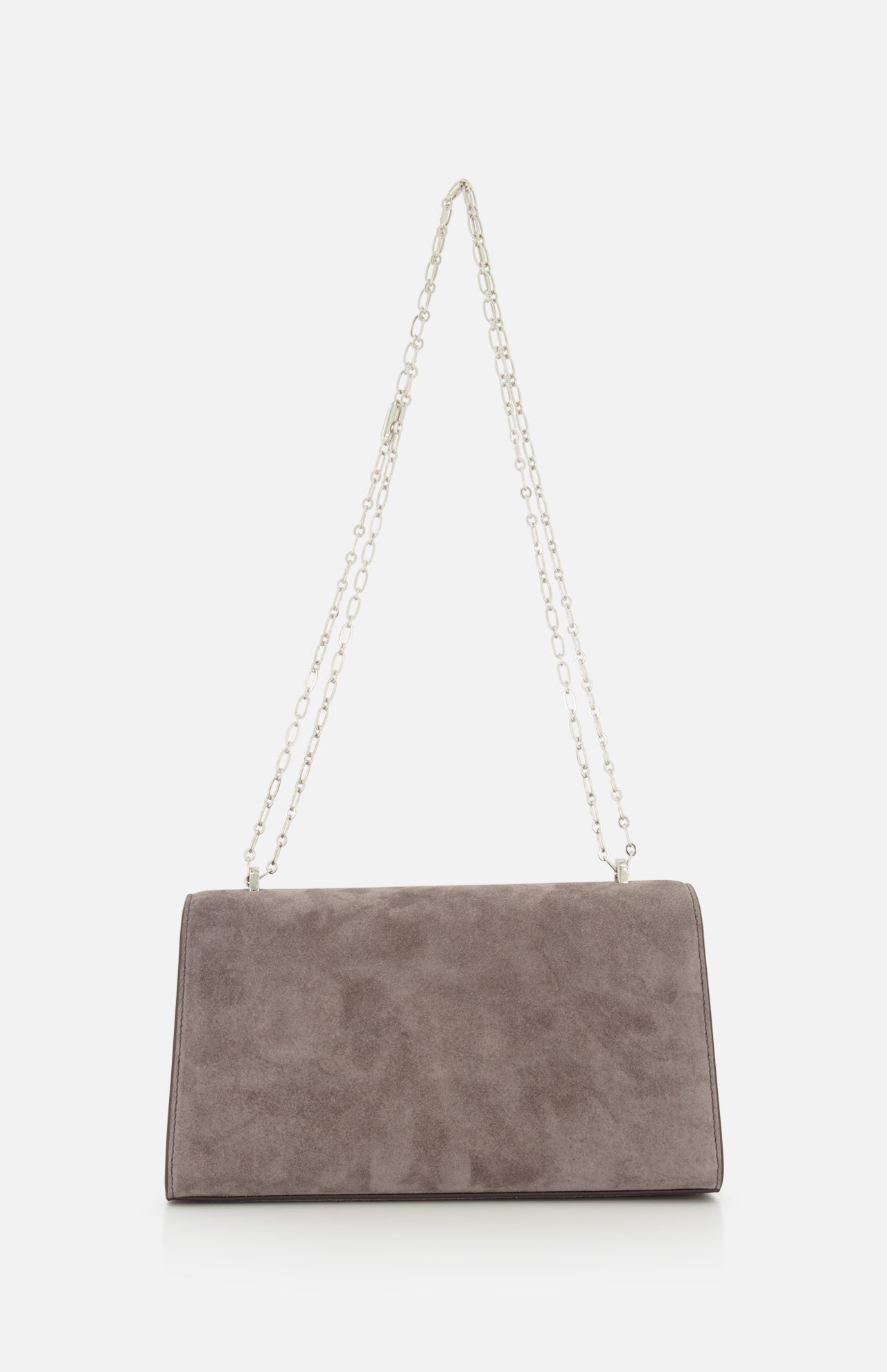 The Symmetry Chain Pouchette Bag by Savette is a rectangular taupe suede handbag featuring a long silver chain strap and an elegant turnlock closure, displayed against a white background.