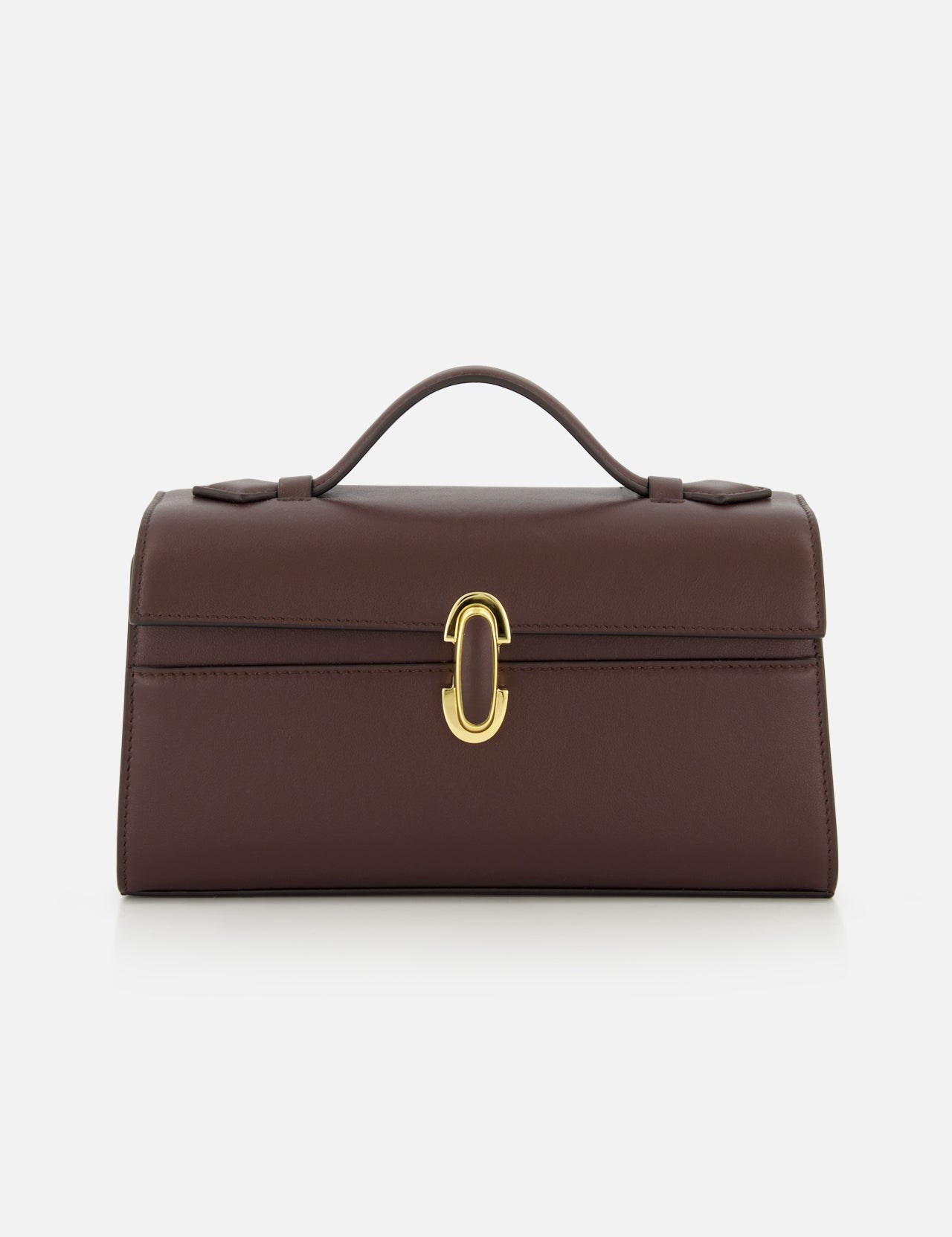 The Symmetry Pouchette Bag by Savette is a brown leather handbag that exudes quiet luxury, featuring a short handle, rectangular silhouette, and elegant gold clasp on the front. Set against a plain white background, this timeless accessory is expertly made in Italy.