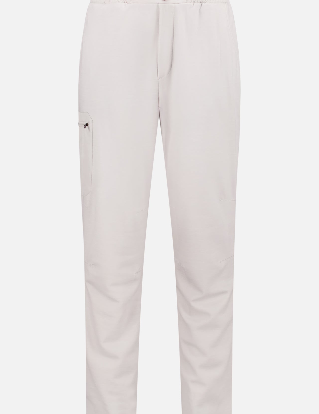 The SEASE Jersey Drawstring Zip Pocket Pant is a light beige, Italian-made casual pant with an elastic drawstring waistband, front button closure, and a zippered pocket on the left leg. Its straight-leg cut adds versatility and has no visible branding.