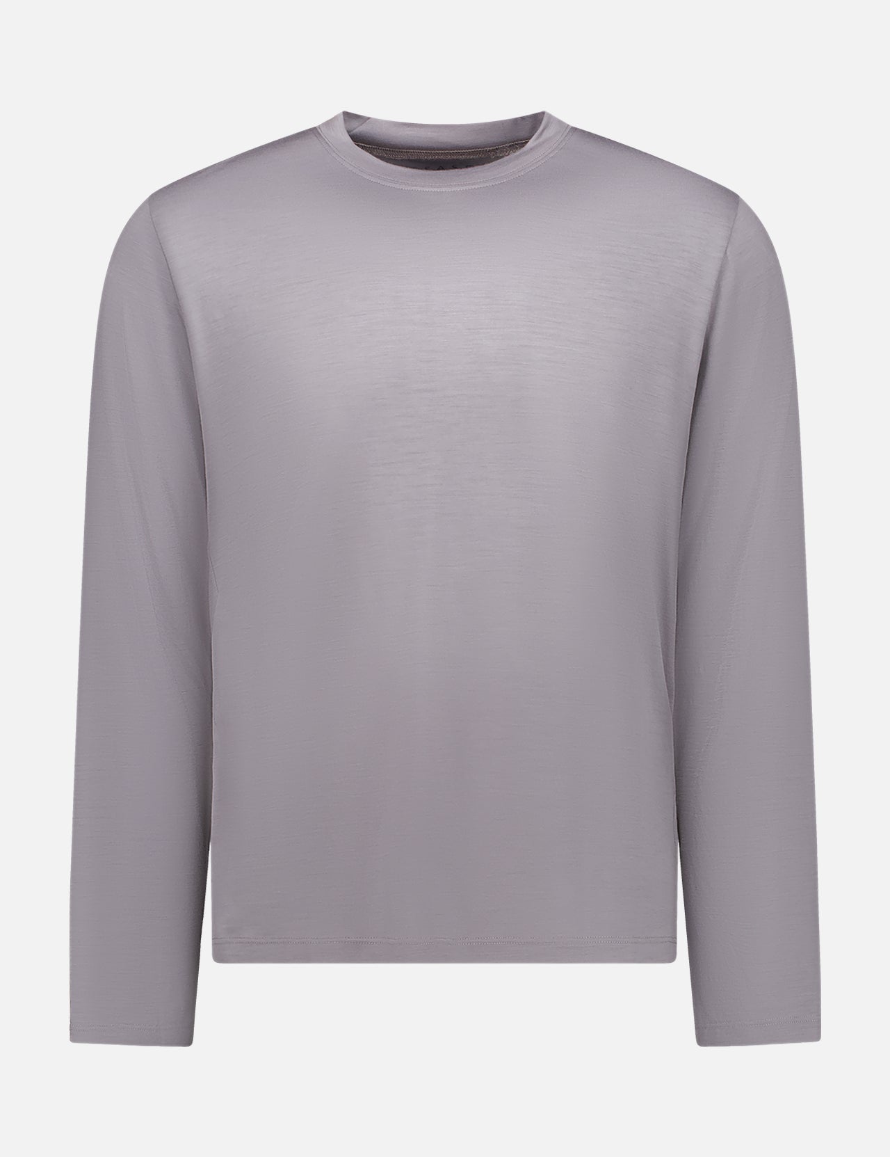 The SEASE Long Sleeve T-Shirt, shown in light gray on a white background, is a Merino wool crew neck ideal as a lightweight base layer for sports activities.