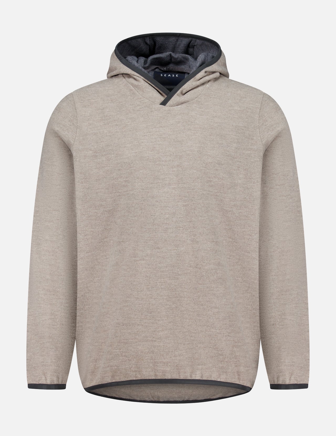 The SEASE Drone Hooded Pullover is a beige sweatshirt made in Italy, featuring long sleeves, a dark inner lining, and a high-low hem, shown against a plain white background.
