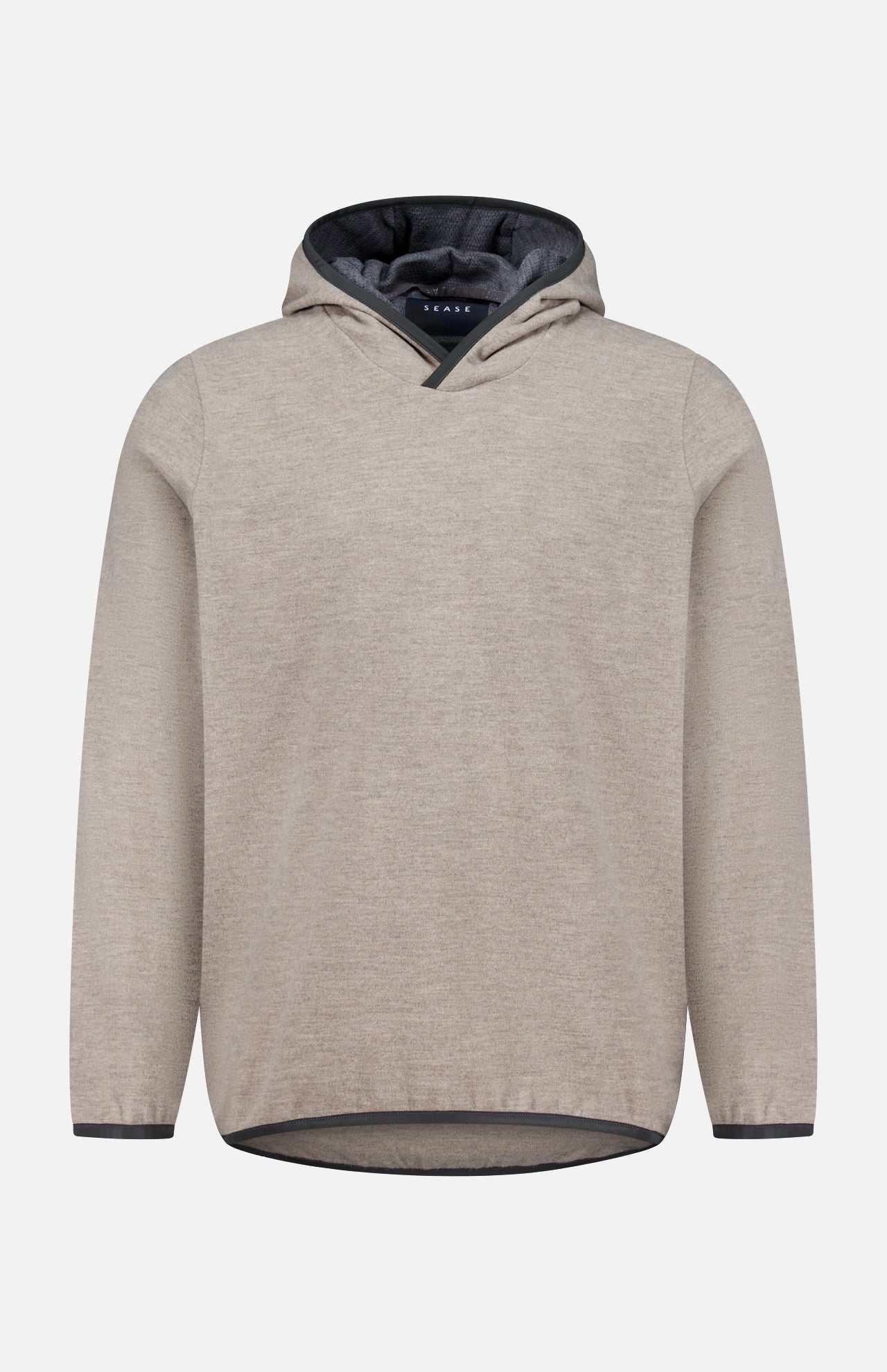 The SEASE Drone Hooded Pullover is a beige sweatshirt made in Italy, featuring long sleeves, a dark inner lining, and a high-low hem, shown against a plain white background.