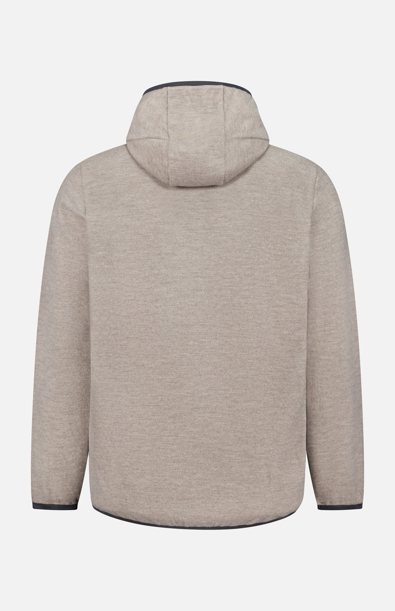 Back view of the SEASE Drone Hooded Pullover in light beige, featuring long sleeves, black-trimmed cuffs and hem, and a clean design with no visible logos or patterns. Expertly crafted in Italy from virgin wool, this pullover is displayed against a plain white background.