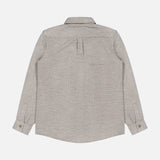Back view of the SEASE Glen Plaid Wool Overshirt, a long-sleeve, light gray button-up shirt with a collar, buttoned cuffs, and a central back pleat. Expertly crafted in a refined Prince of Wales design, this overshirt is perfect for business travel and is displayed on a plain white background.