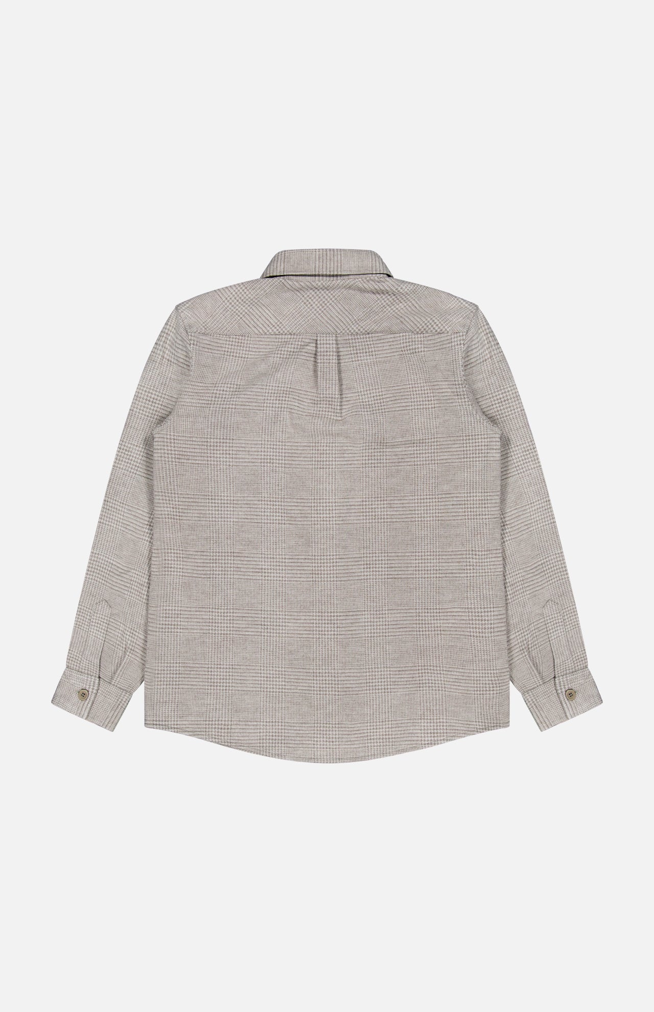 Back view of the SEASE Glen Plaid Wool Overshirt, a long-sleeve, light gray button-up shirt with a collar, buttoned cuffs, and a central back pleat. Expertly crafted in a refined Prince of Wales design, this overshirt is perfect for business travel and is displayed on a plain white background.