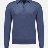The Lasca Long Sleeve Johnny Collar Polo Shirt by SEASE is a blue, long-sleeve knitted sweater made from soft virgin wool, featuring a classic Johnny collar and a subtle V-neck opening, showcased against a plain white background.