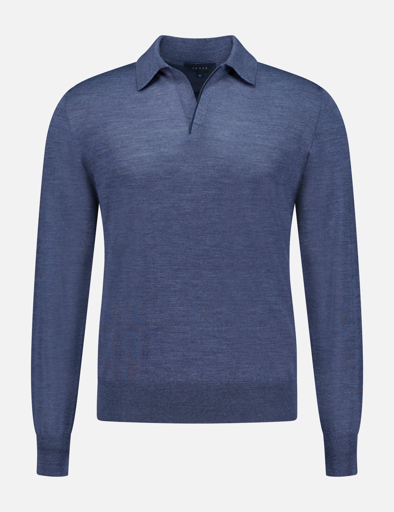 The Lasca Long Sleeve Johnny Collar Polo Shirt by SEASE is a blue, long-sleeve knitted sweater made from soft virgin wool, featuring a classic Johnny collar and a subtle V-neck opening, showcased against a plain white background.
