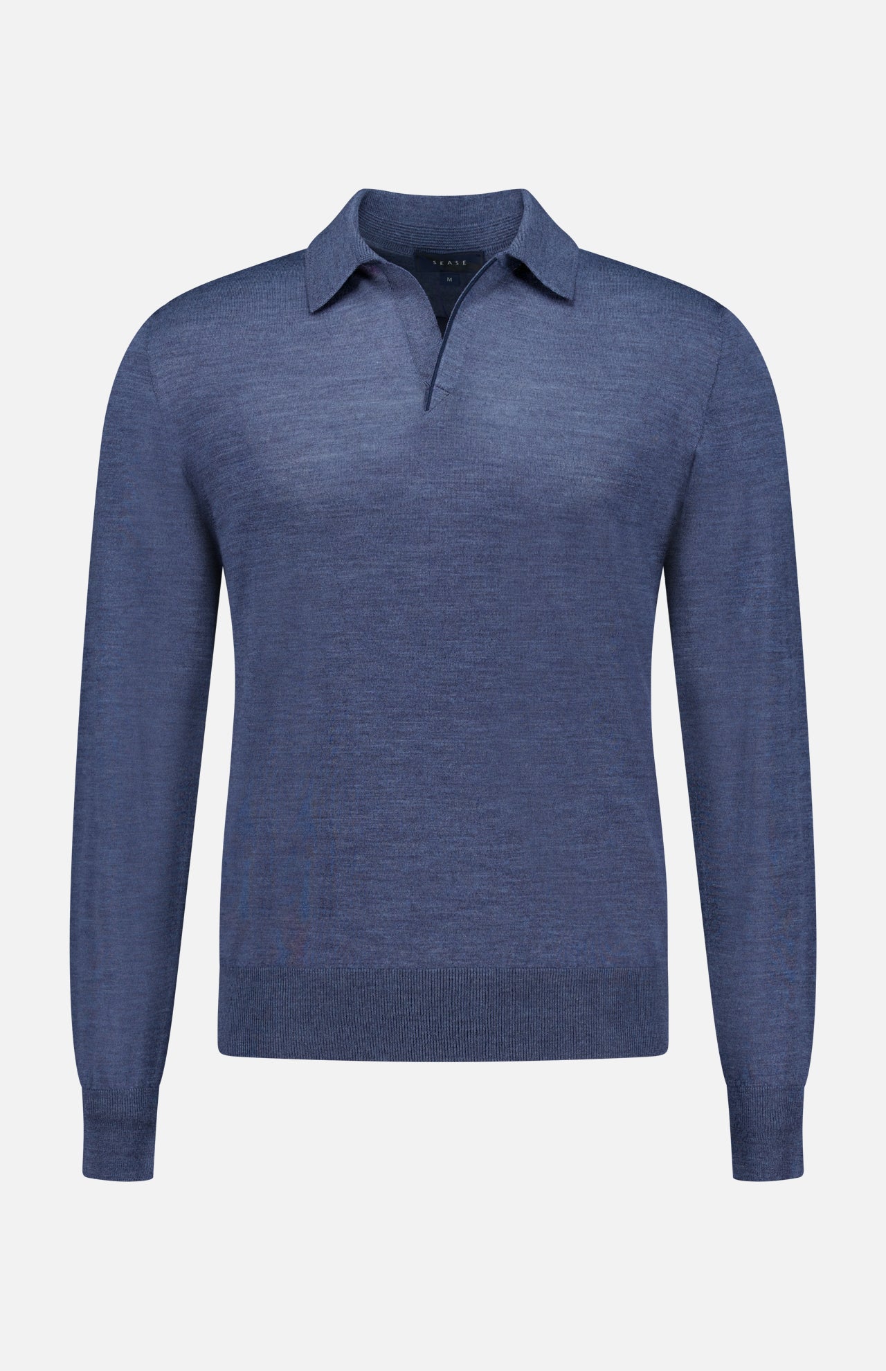 The Lasca Long Sleeve Johnny Collar Polo Shirt by SEASE is a blue, long-sleeve knitted sweater made from soft virgin wool, featuring a classic Johnny collar and a subtle V-neck opening, showcased against a plain white background.