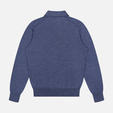 Lasca Long Sleeve Johnny Collar Polo Shirt by SEASE, shown from the back in blue, featuring a collar, ribbed cuffs, and a ribbed hem, displayed on a plain white background.