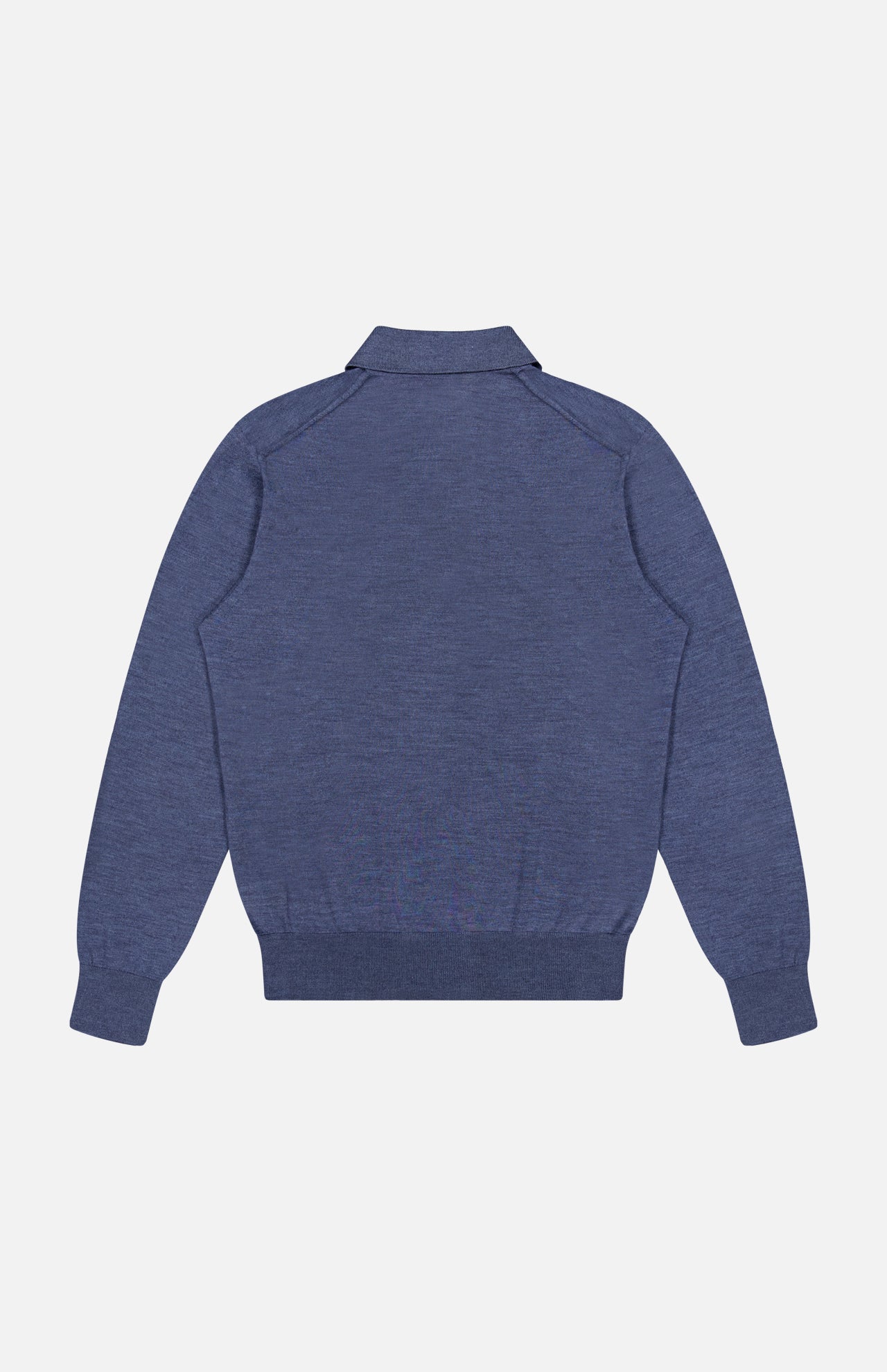 Lasca Long Sleeve Johnny Collar Polo Shirt by SEASE, shown from the back in blue, featuring a collar, ribbed cuffs, and a ribbed hem, displayed on a plain white background.