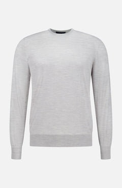 The Lasca Long Sleeve Sweater by SEASE is shown in light gray on a plain white background, displayed from the front with no visible branding or patterns. Exemplifying classic Italian knitwear style, this refined sweater offers understated elegance and exceptional comfort.