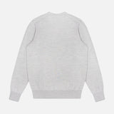 The Lasca Long Sleeve Sweater by SEASE, crafted from light grey virgin wool, is displayed flat and viewed from the back against a white background. Ribbed cuffs and waistband highlight the refined craftsmanship of Italian knitwear.