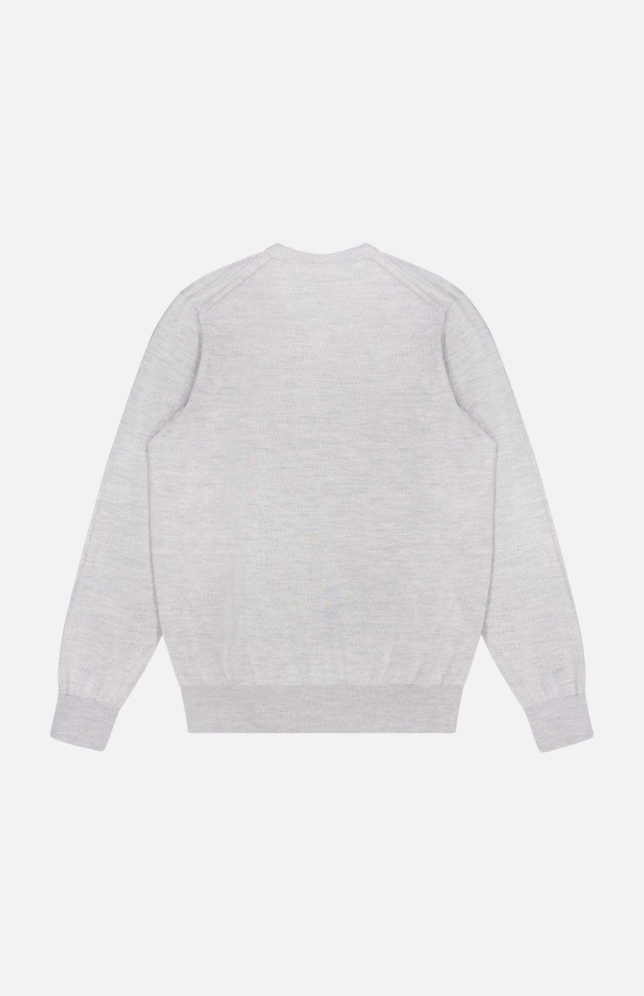 The Lasca Long Sleeve Sweater by SEASE, crafted from light grey virgin wool, is displayed flat and viewed from the back against a white background. Ribbed cuffs and waistband highlight the refined craftsmanship of Italian knitwear.