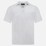 The SEASE Linen Pocket Polo Shirt in light grey features a Johnny collar, short placket, and chest pocket, shown against a plain white background.