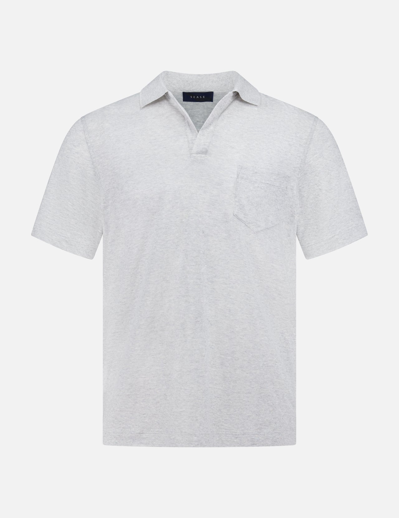 The SEASE Linen Pocket Polo Shirt in light grey features a Johnny collar, short placket, and chest pocket, shown against a plain white background.