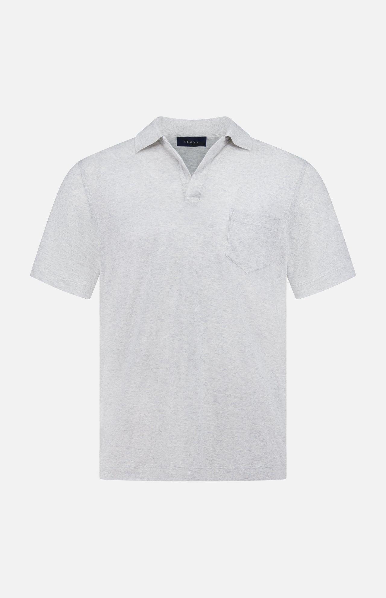 The SEASE Linen Pocket Polo Shirt in light grey features a Johnny collar, short placket, and chest pocket, shown against a plain white background.